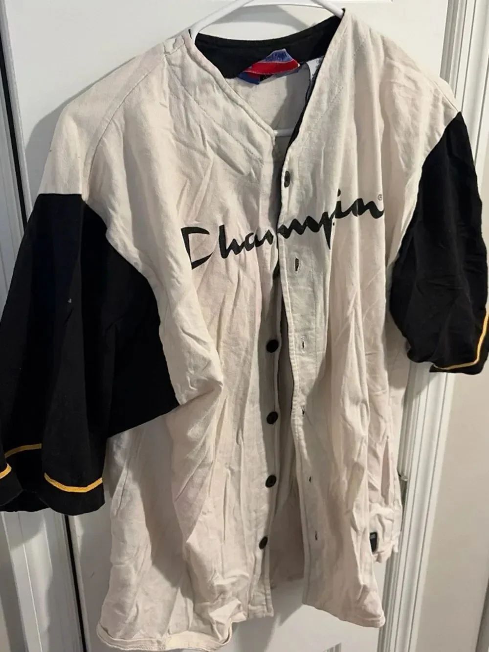Champion Cream and Black Baseball Button-Up Jersey with Yellow Trim